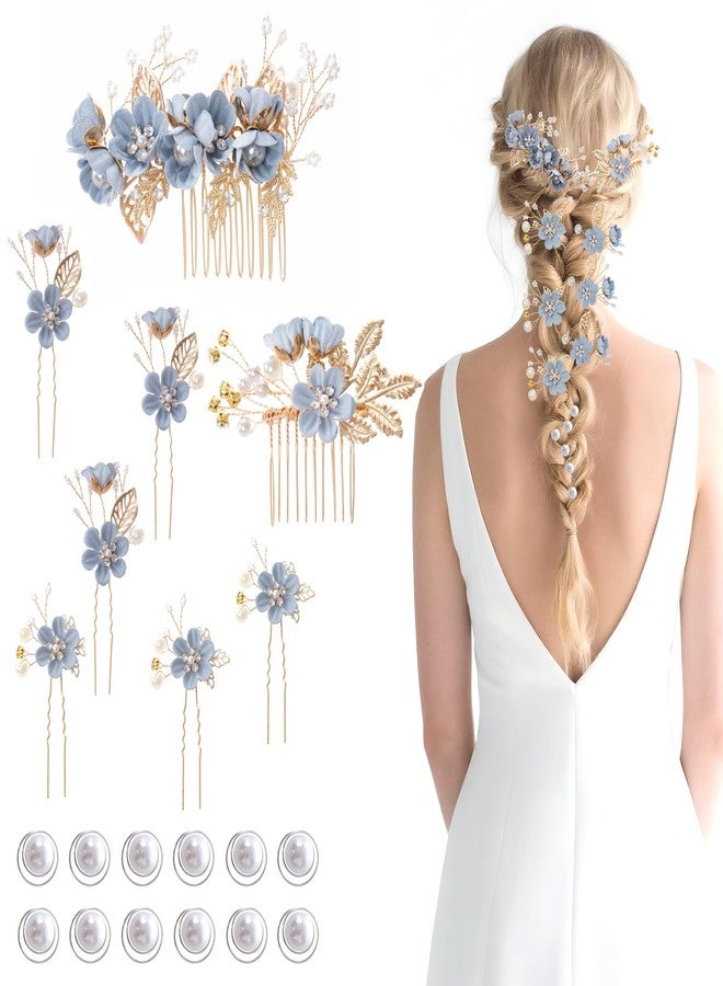 Rbenxia 20pcs Bridal Flower Wedding Hair Pins, Crystal Pearl Hair Clips Headpiece, Vintage Wedding Hair Accessories Jewelry with Rhinestone for Brides Bridesmaids Women Girls Updo(Dusty Blue) - Image 1